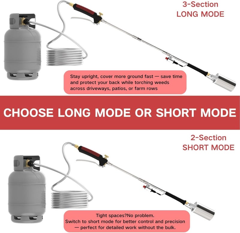 ACOVER Propane Torch Weed Burner Kit, 40'' Long Arm Heavy Duty Blow Torch with 10FT Weave Hose，Flame Control and Turbo Trigger Push Button Igniter For Ice Snow Road,Weeding,Asphalt,Road Marking - Image 3